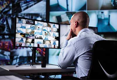 Man monitoring surveillance cameras on multiple screens