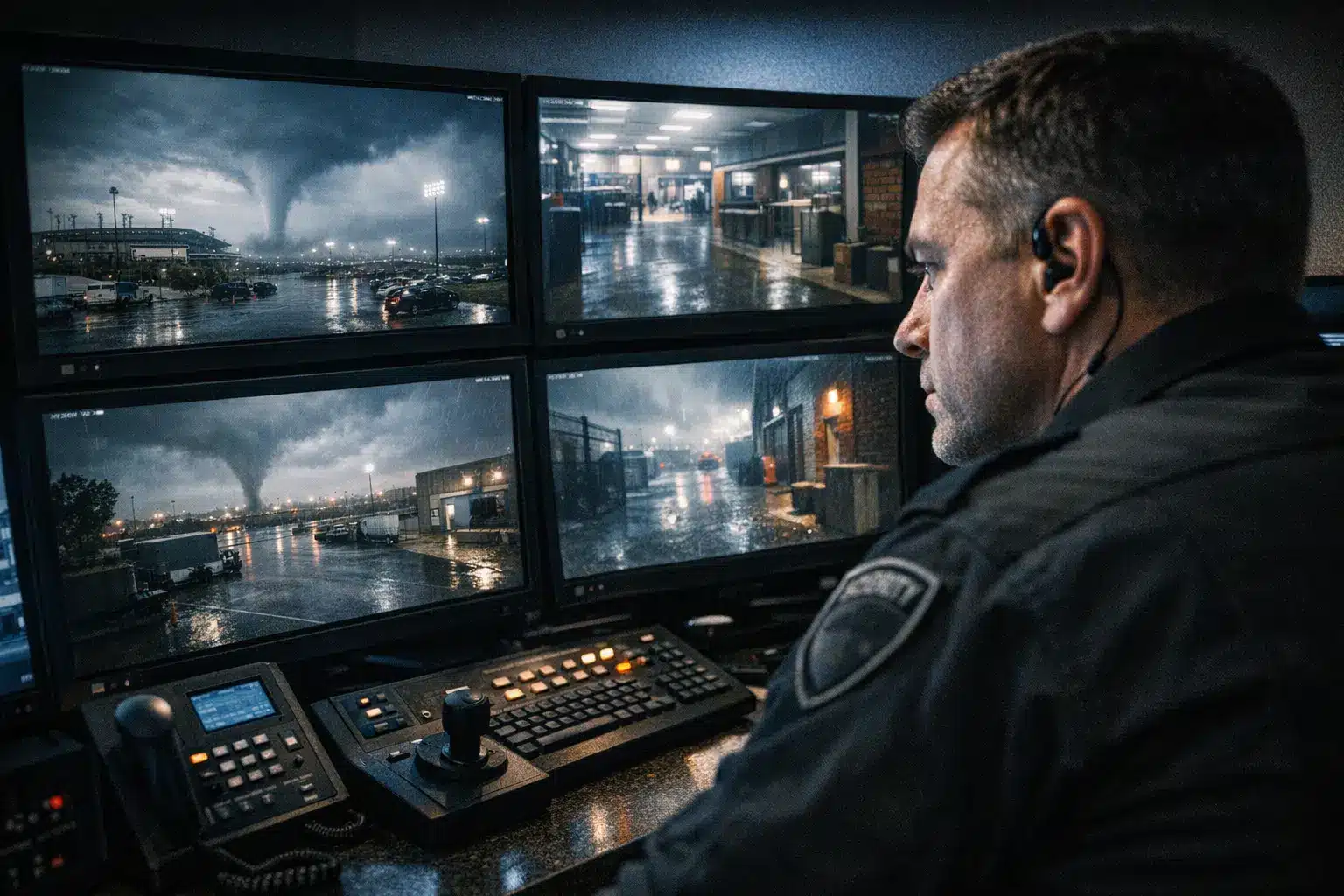 Security officer monitoring tornado on surveillance screens