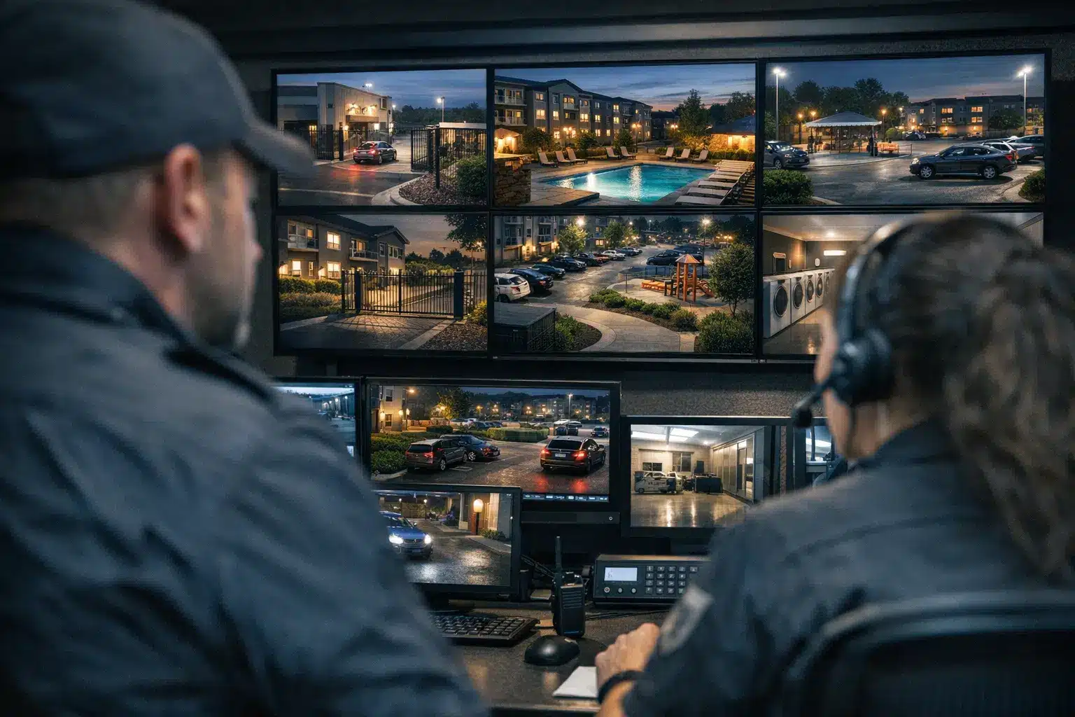 Security guards monitoring apartment complex surveillance cameras